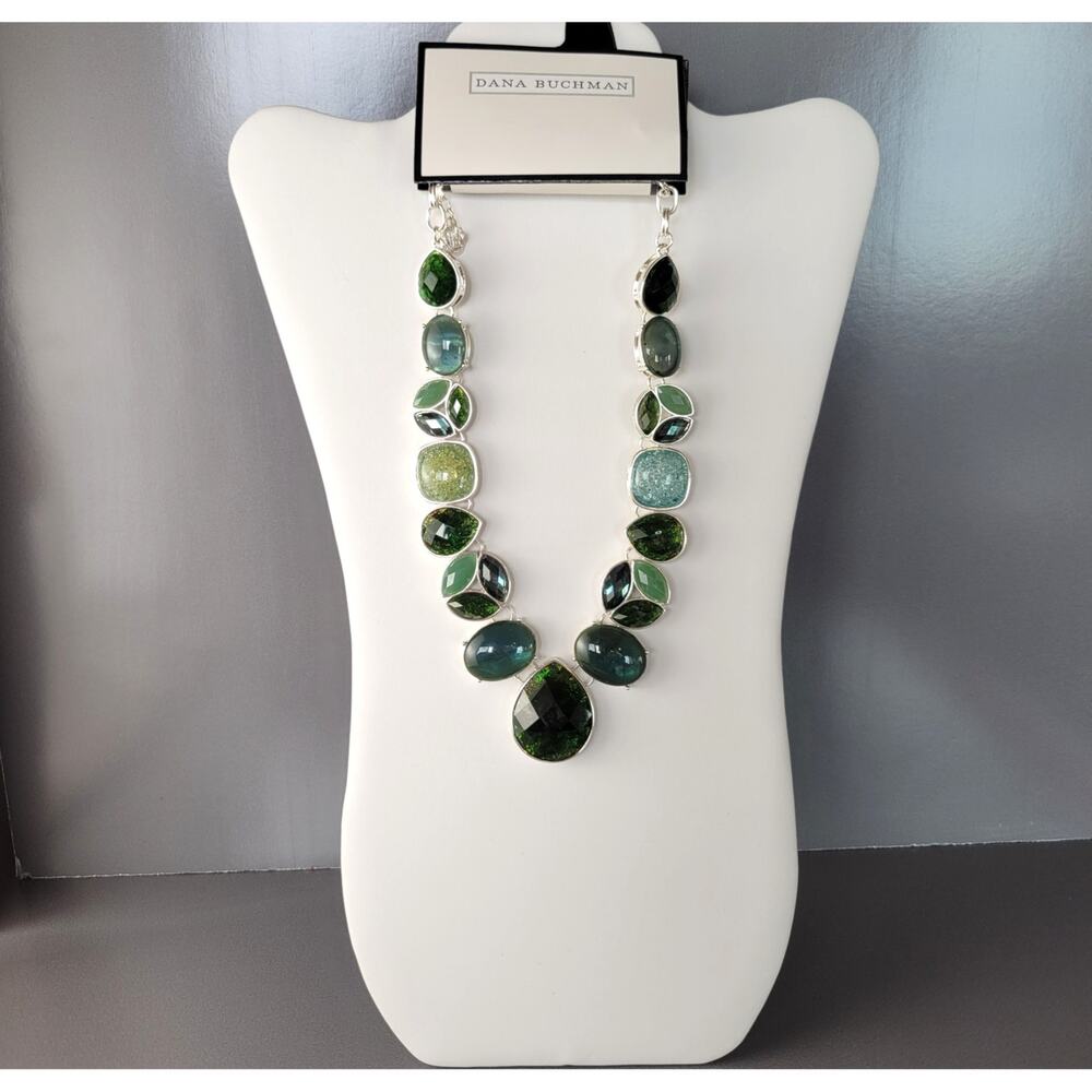 Dana Buchman Green Gemstone Statement Necklace Silver Tone New 18” Adjustable